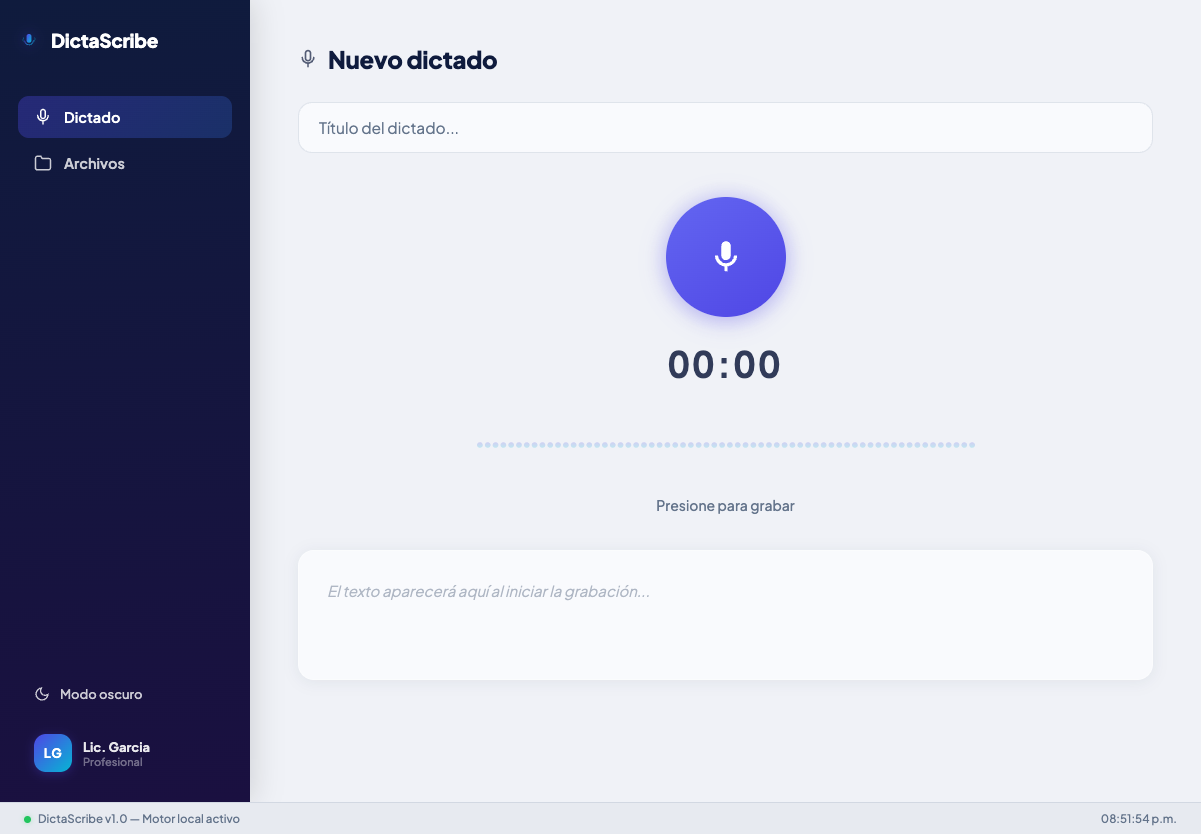 Pantalla de transcripción de DictaScribe